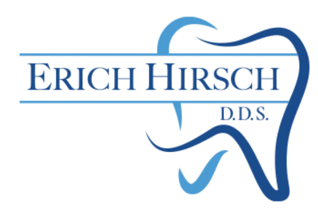 Logo for Erich Hirsch, D.D.S., a dental practice, featuring a stylized tooth graphic and blue typography.