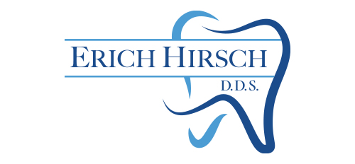 Logo for Erich Hirsch, D.D.S., with a stylized blue tooth illustration and horizontal lines.